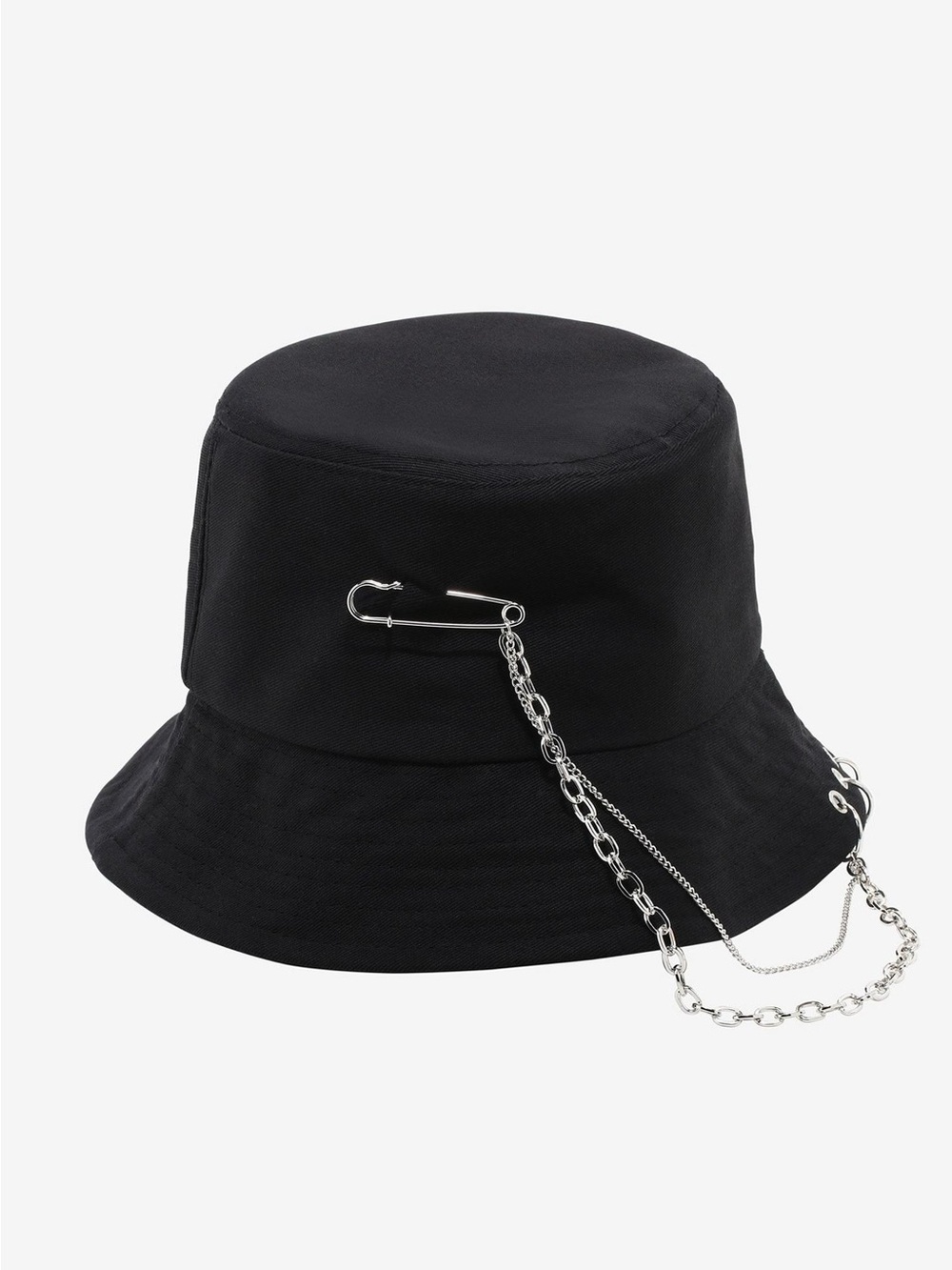 Hot Topic Black Bucket Hat with Silver Chain & Safety Pin